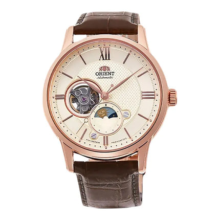 Orient RA-AS0009S Automatic Sun & Moon Open Heart Dial Brown Leather Strap