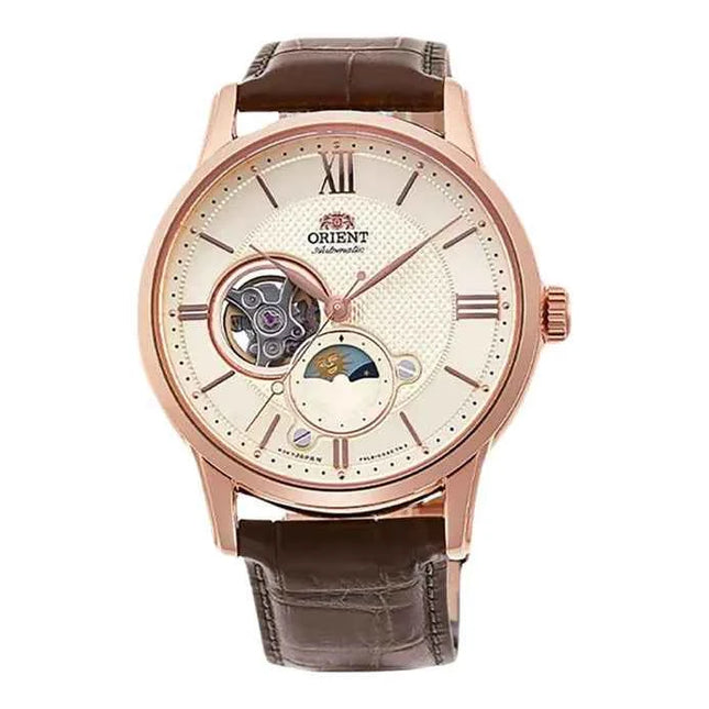 Orient RA-AS0009S Automatic Sun & Moon Open Heart Dial Brown Leather Strap
