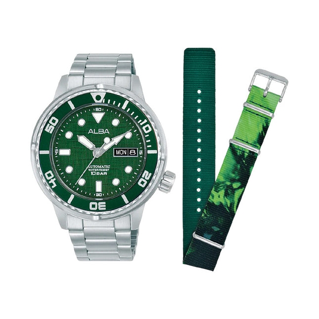 Alba Mechanical AL4775X2 Men Green Dial Stainless Steel Strap + Extra Strap