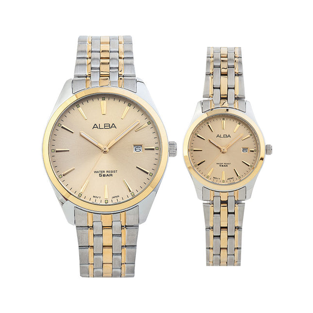 Alba AH7BN4X1_AS9Q98X1 Couple Gold Dial Dual Tone Stainless Steel Strap