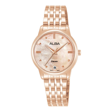 Alba Fashion AG8Q72X1 Ladies Analog Light Pink Mother of Pearl Dial Rose Gold Stainless Steel Strap