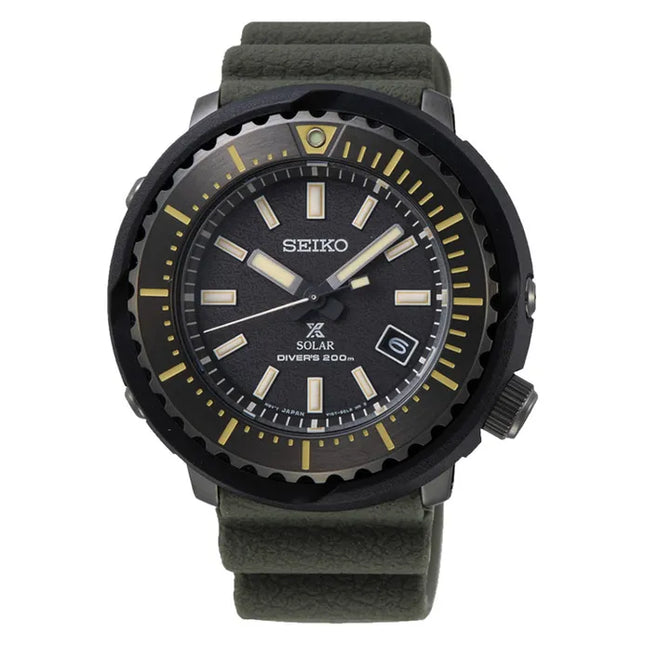 Seiko Prospex SNE543P1 Tuna Street Series Solar Divers Black Dial Green Olive Rubber Strap