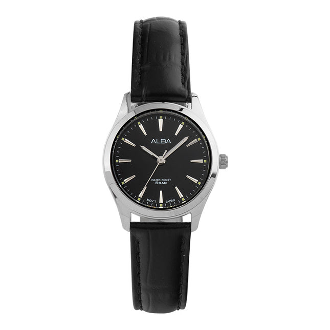 Alba ARX139X1 Ladies Black Dial Black Leather Strap