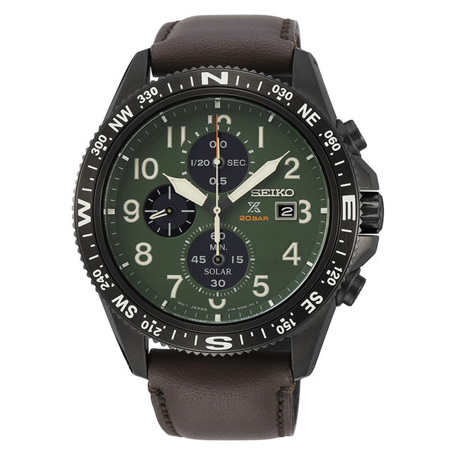 Seiko Prospex SSC739P1 Sea Chronograph Solar 200M Water Resistance Green Dial Brown Leather Strap