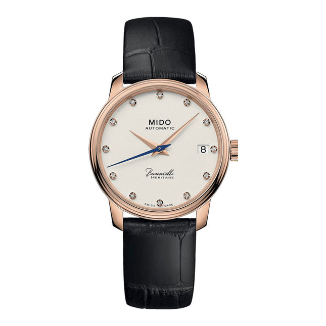 MIDO Baroncelli M027.207.36.266.00 Heritage Lady Automatic Ivory Dial Black Leather Strap 