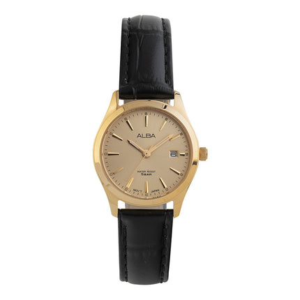 Alba AH7BP0X1 Ladies Gold Dial Black Leather Strap
