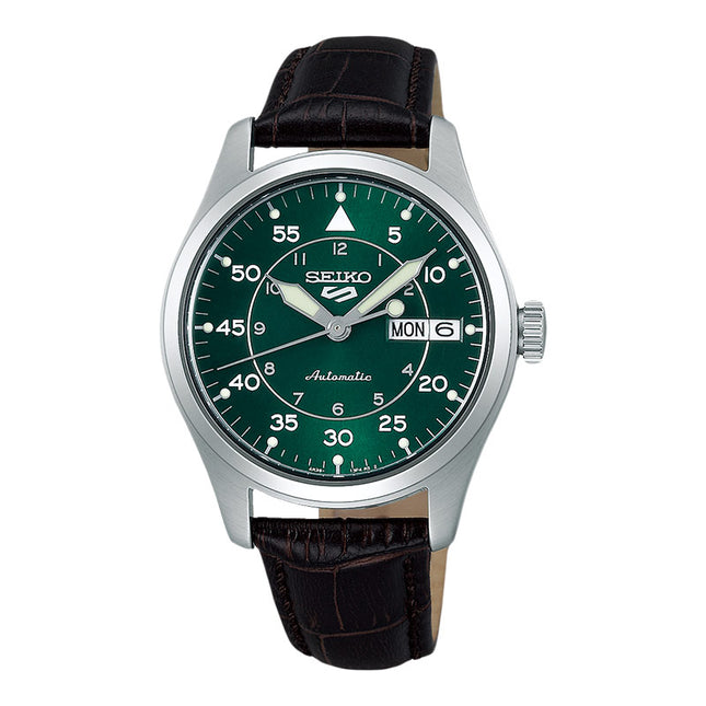Seiko 5 Sports SRPJ89K1 Flieger Suits Style Kelly Green Flieger Black Leather Strap