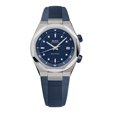 MIDO Multifort 8 M047.507.17.041.00 Two Crowns Octagonal Blue Dial Blue Rubber Strap