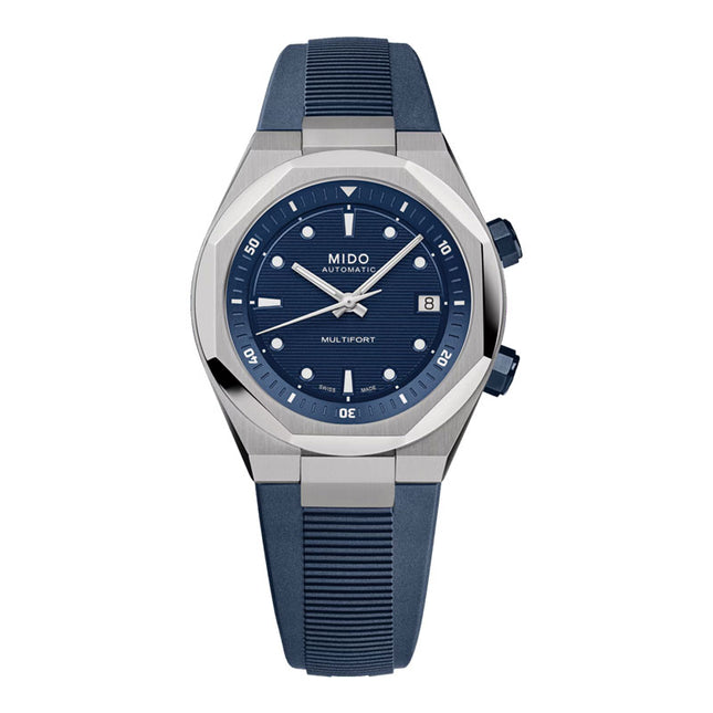 MIDO Multifort 8 M047.507.17.041.00 Two Crowns Octagonal Blue Dial Blue Rubber Strap