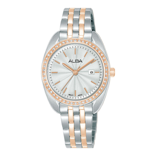 Alba Fashion AH7EU8X1 Ladies Analog Silver Dial Dual Tone Stainless Steel Strap