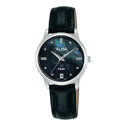Alba Fashion AG8Q81X1 Ladies Analog Black Mother of Pearl Dial Black Leather Strap