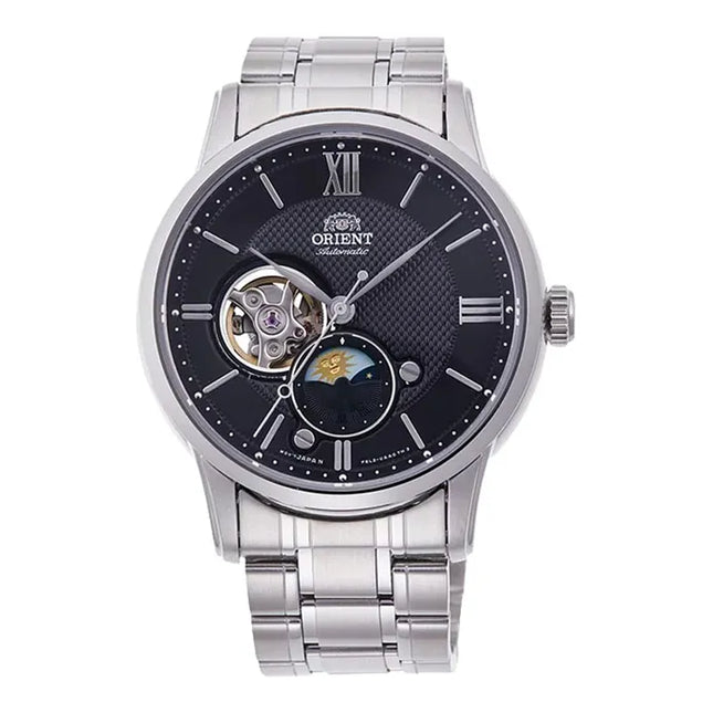 Orient RA-AS0008B Automatic Sun & Moon Black Open Heart Dial Stainless Steel Strap