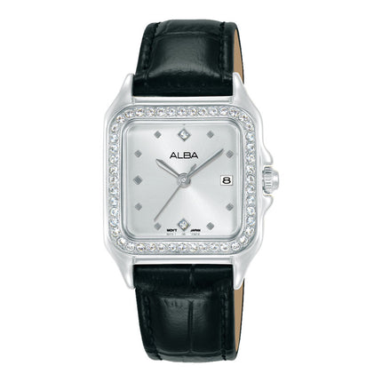 Alba Fashion AH7FF3X1 Ladies Analog Silver Dial Black Leather Strap