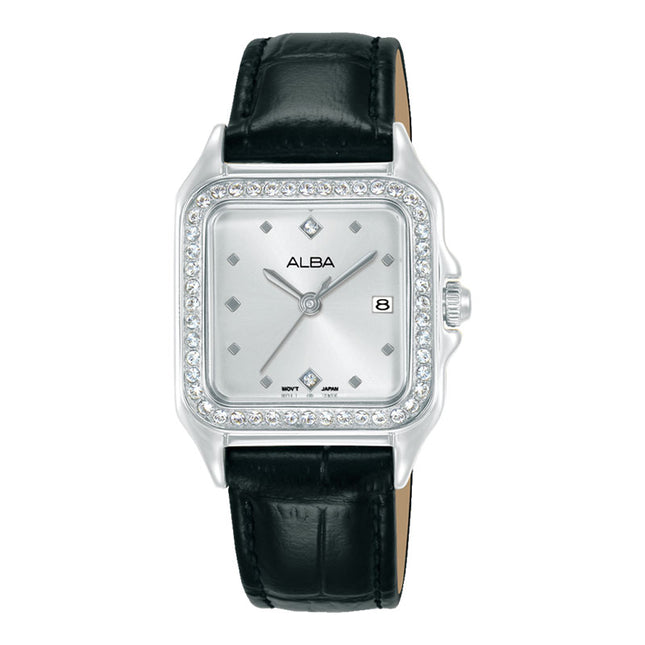 Alba Fashion AH7FF3X1 Ladies Analog Silver Dial Black Leather Strap