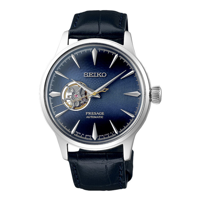 Seiko Presage SSA405J1 Cocktail Time Blue Moon Open Heart Dial Blue Leather Strap