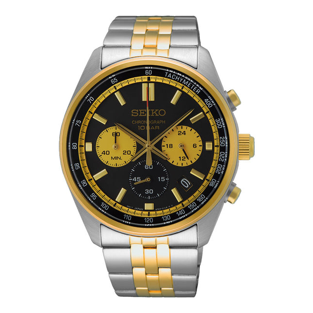 Seiko Chronograph SSB430P1 Men Discover More Quartz Black Dial Dual Tone Stainless Steel Strap