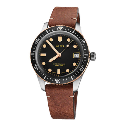 Oris Divers 01-733-7747-4354-07-5-17-45 Sixty-Five Black Dial Brown Leather Strap