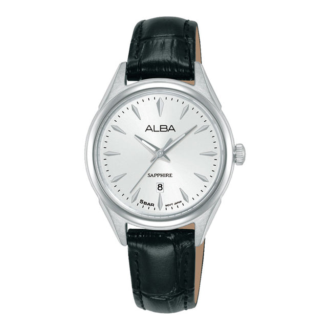 Alba Prestige AH7FC1X1 Ladies Analog Silver Dial Black Leather Strap