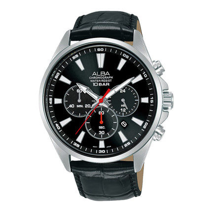 Alba Active AT3G59X1 Chronograph Men Black Dial Black Leather Strap