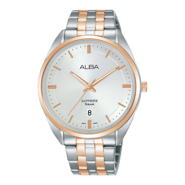 Alba Prestige AS9L08X1 Men Silver White Dial Dual Tone Stainless Steel Strap