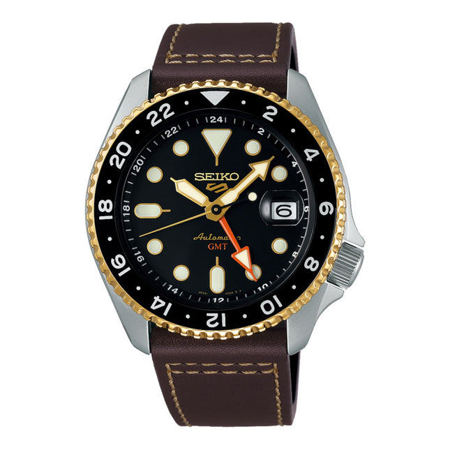 Seiko 5 Sports SSK036K1 SKX Series Automatic GMT Black Dial Brown Leather Strap