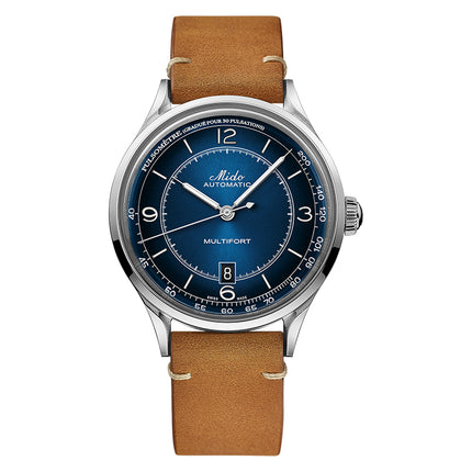 MIDO Multifort M040.407.16.040.00 Patrimony Automatic Blue Dial Brown Patina Leather Strap