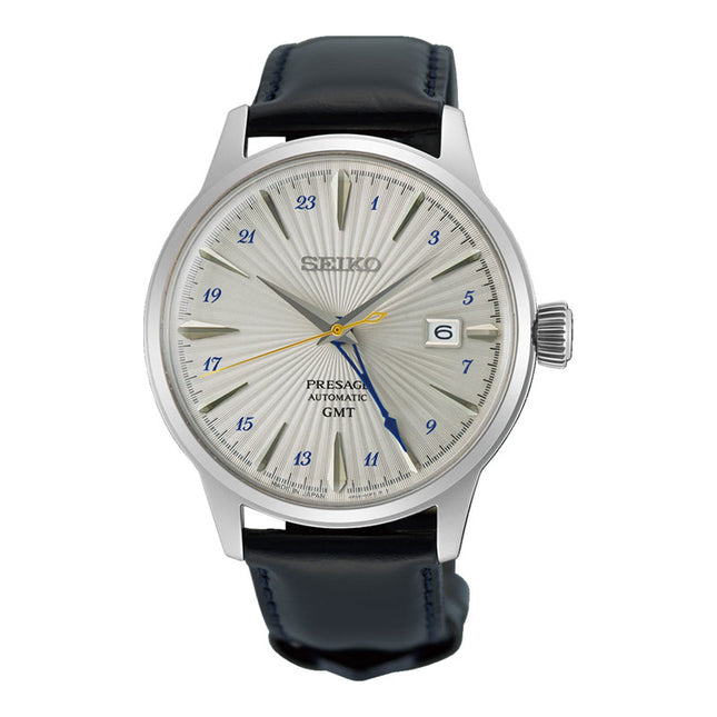 Seiko Presage SSK049J1 Cocktail Time Automatic GMT Silver Bullet Dark Blue Leather Strap