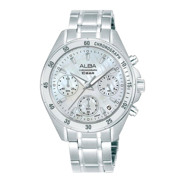 Alba Active AT3K97X1 Ladies Chronograph White Mother Of Pearl Dial Stainless Steel Strap