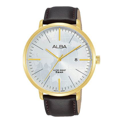 Alba Prestige AS9J88X1 Men Silver White Dial Dark Brown Leather Strap