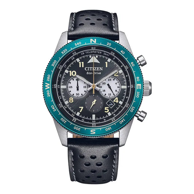 Citizen Eco Drive CA4558-16E Men Future Force Series Chronograph Black Dial Black Leather Strap