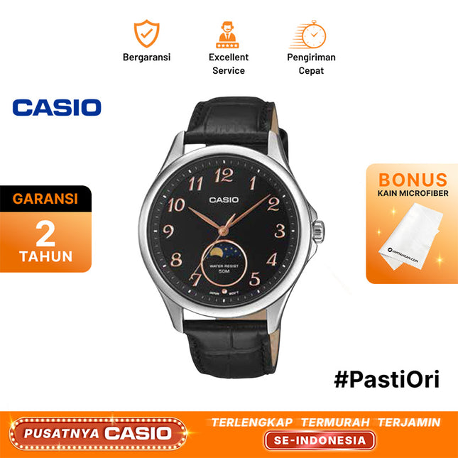 Casio General MTP-M110L-1AVDF Men Moon Phase Black Dial Black Leather Band