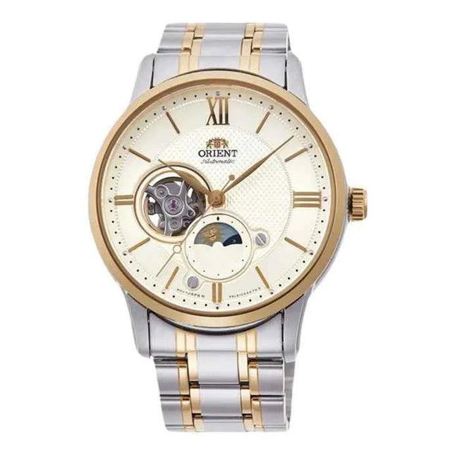 Orient RA-AS0007S Automatic Sun & Moon Open Heart Dial Dual Tone Stainless Steel Strap