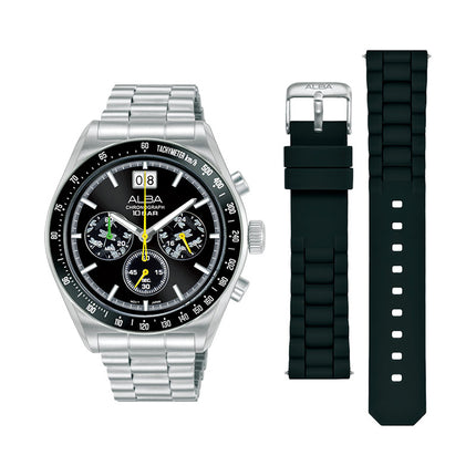 Alba Signa AU5025X2 Men Chronograph Black Dial Stainless Steel Strap + Extra Strap