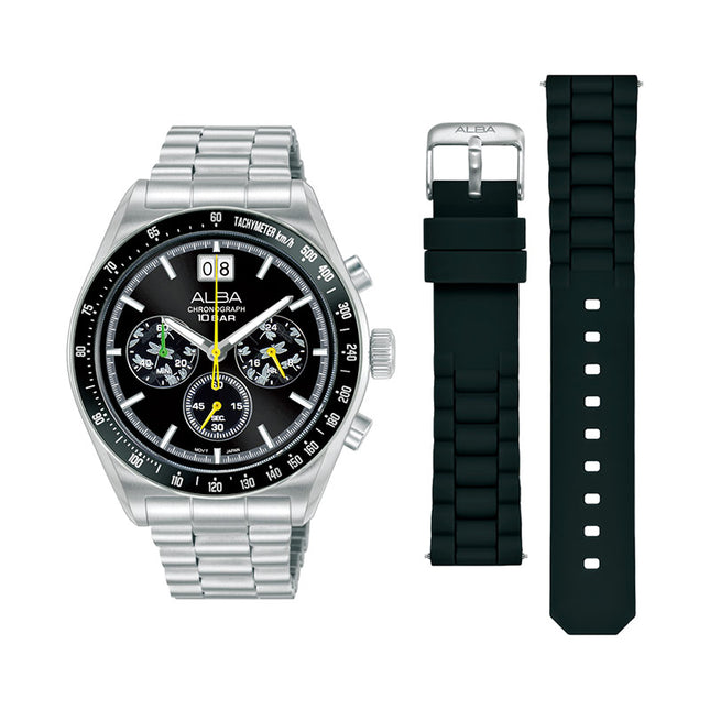 Alba Signa AU5025X2 Men Chronograph Black Dial Stainless Steel Strap + Extra Strap