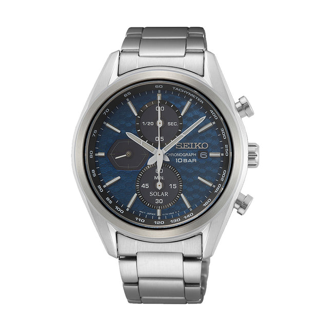 Seiko Chronograph SSC801P1 Solar Discover More Blue Dial Silver Stainless Steel Strap