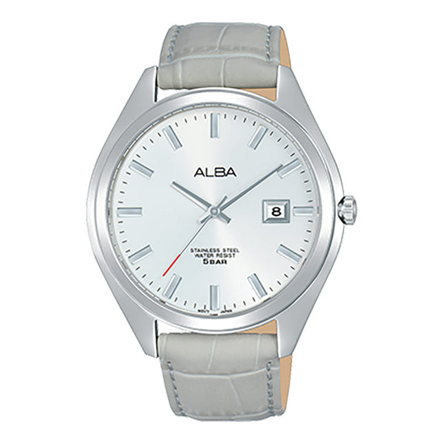 Alba Prestige AS9F33X1 Men Silver Dial Light Grey Leather Strap