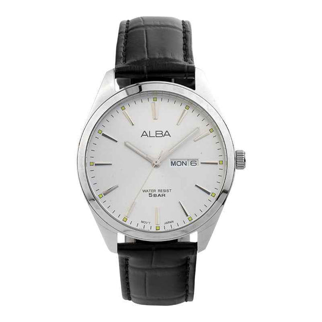 Alba AJ6193X1 Men Silver Dial Black Leather Strap