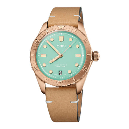 Oris Divers Sixty-Five 01-733-7771-3157-07-5-19-04BR Cotton Candy L. Green Dial Brown Leather Strap
