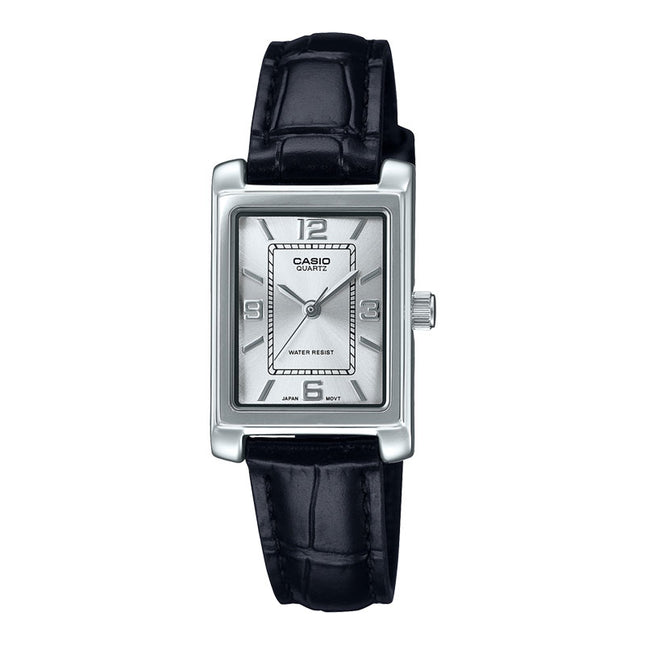 Casio General LTP-1234LL-7ADF Tank Ladies Silver Dial Black Leather Band