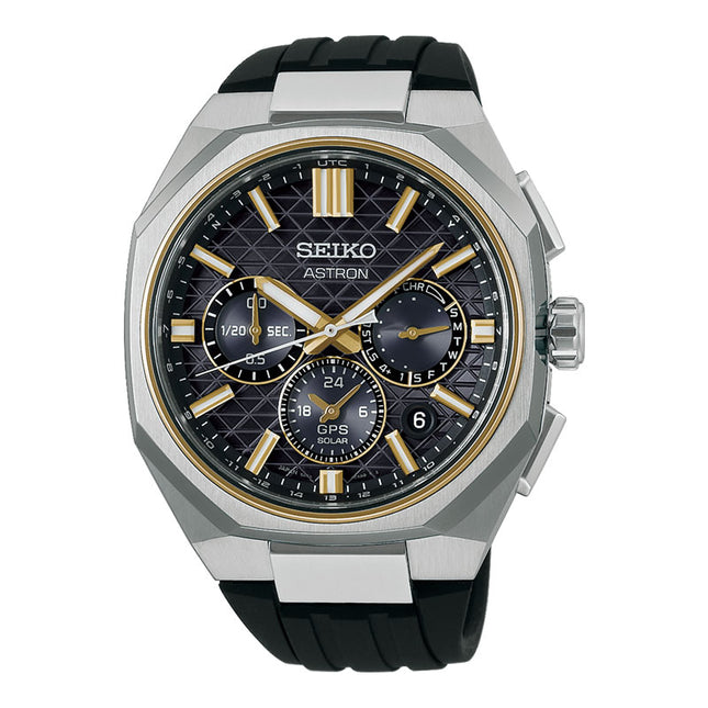 Seiko Astron HAB003J1 GPS Solar Dual Time Chronograph Titanium Black Dial Black Silicone Strap