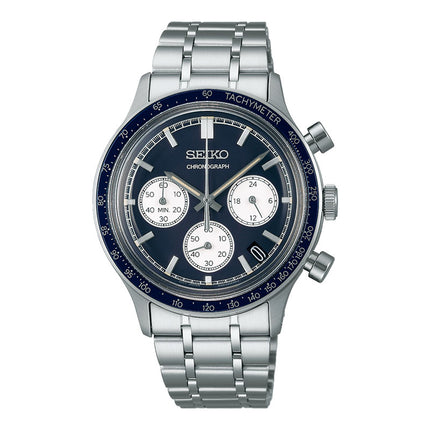 Seiko Chronograph SSB477P1 Men Discover More Reverse Panda Blue Dial Stainless Steel Strap