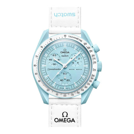 Swatch X Omega Bioceramic Moonswatch SO33L100 Mission To Uranus Speedmaster Light Blue Dial White Velcro Strap