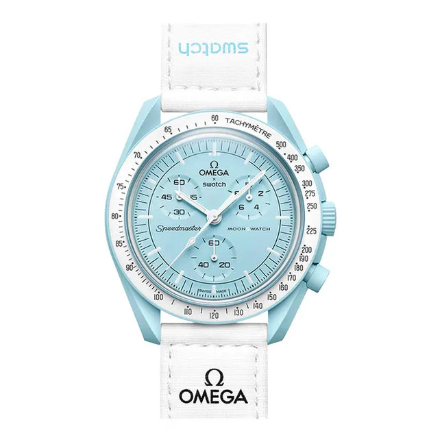 Swatch X Omega Bioceramic Moonswatch SO33L100 Mission To Uranus Speedmaster Light Blue Dial White Velcro Strap