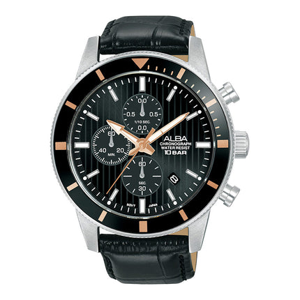 Alba Active AM3961X1 Chronograph Men Black Patterned Dial Black Leather Strap