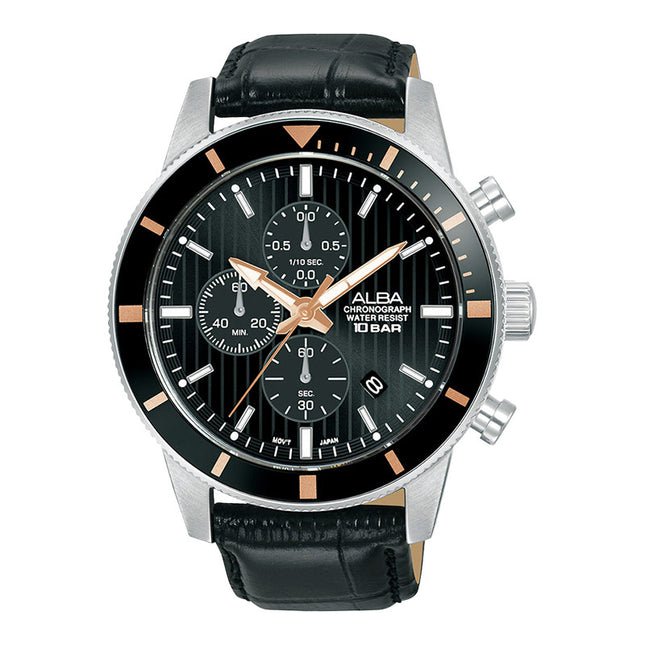 Alba Active AM3961X1 Chronograph Men Black Patterned Dial Black Leather Strap