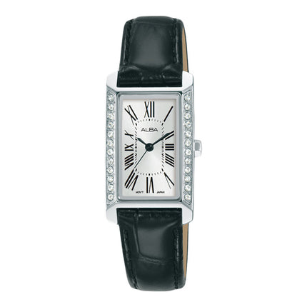 Alba Fashion AK3065X1 Ladies Silver White Dial Black Leather Strap