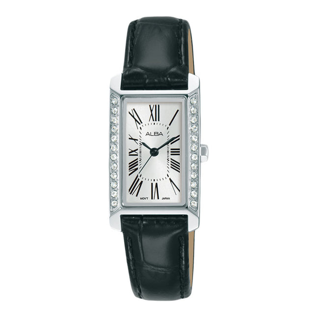 Alba Fashion AK3065X1 Ladies Silver White Dial Black Leather Strap
