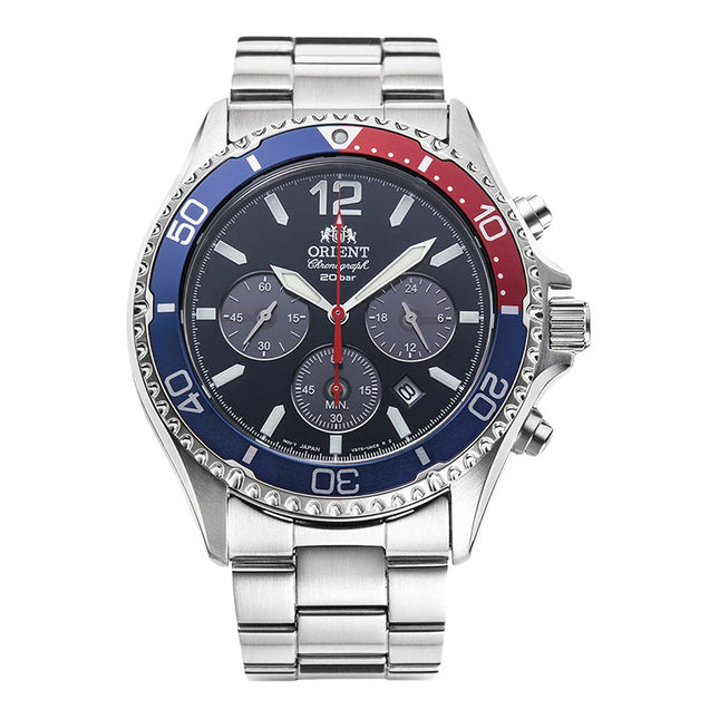 Orient Sports RA-TX0201L Mako Solar Pepsi Diver Chronograph Navy Blue Dial Metal Strap