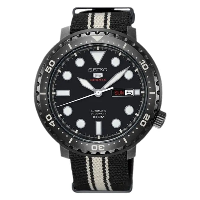 Seiko 5 Sports SRPC67K1 Bottle Cap Automatic Black Dial Dual Tone Nylon Strap