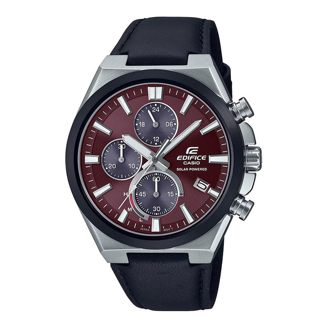 Casio Edifice EQS-950BL-5AVUDF Solar Powered Chronograph Red Maroon Dial Black Leather Band